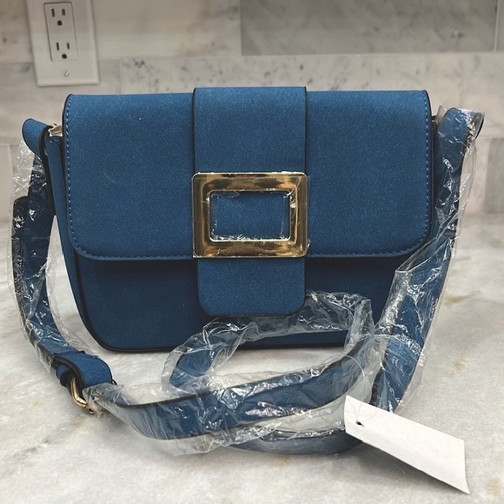 Blue Faux Leather Crossbody/Shoulder Bag with Fold over Buckle Design